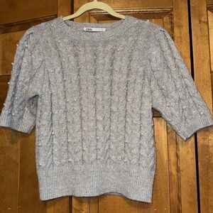 ZARA Knit Sweater with Pearl Embellishments L Short Sleeve
